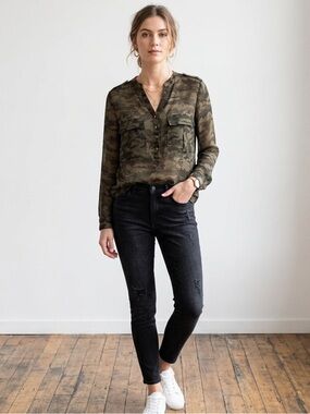 Zara Basic Camo Sheer Utility Blouse Gold Stud Buttons XS